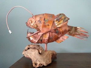 Copper anglerfish sculpture