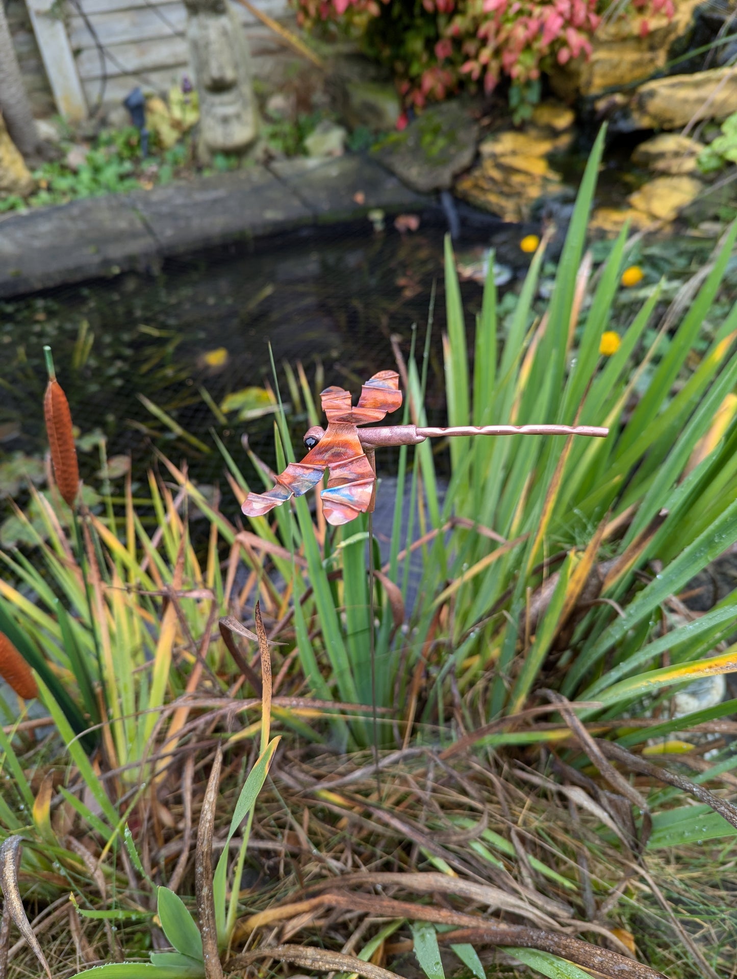 Copper dragonfly garden stake