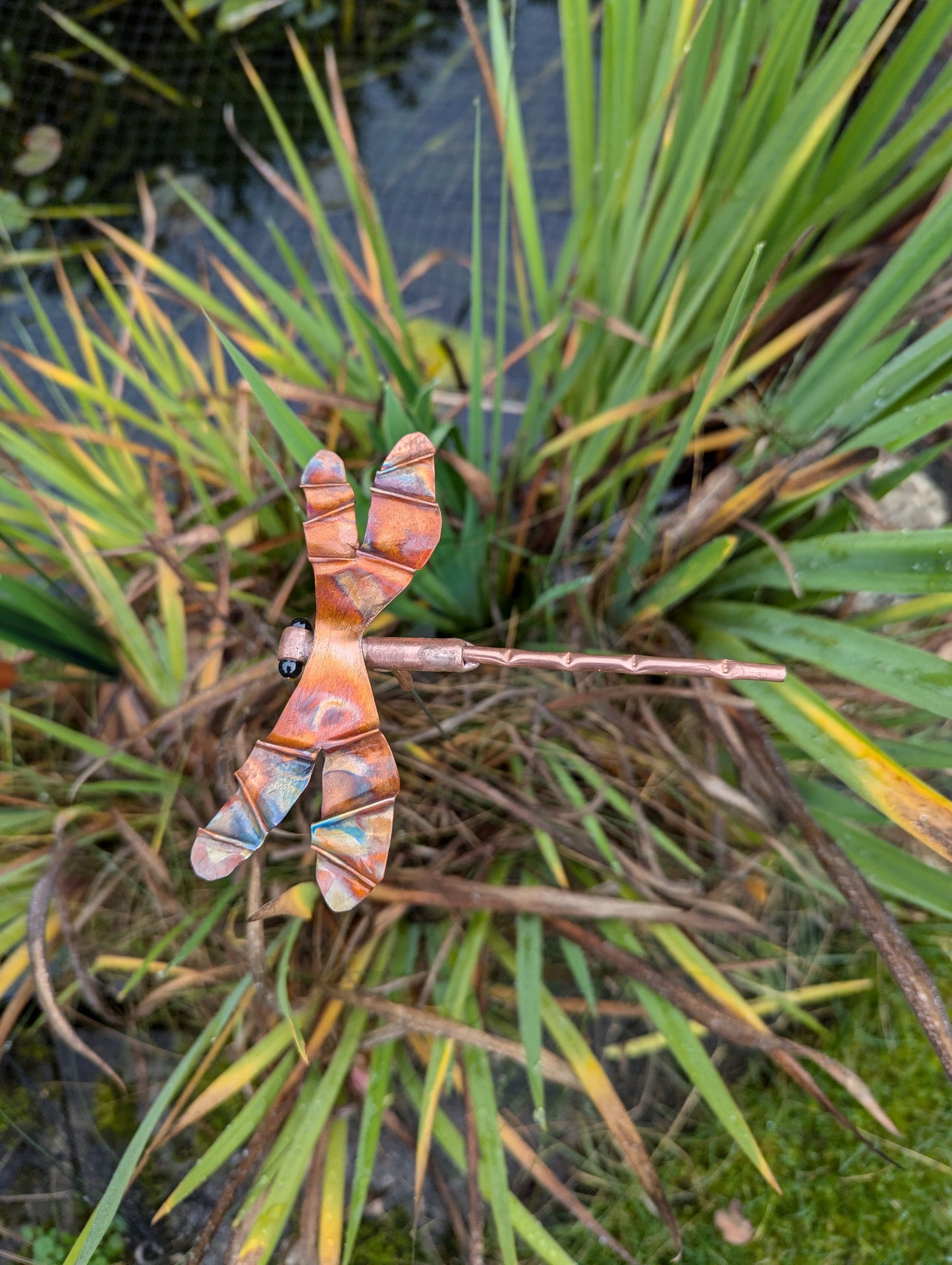 Copper dragonfly garden stake