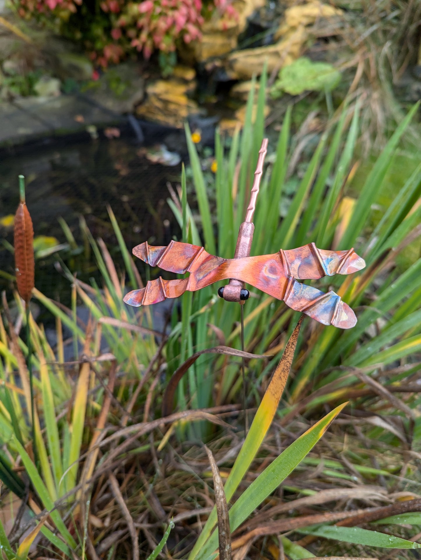 Copper dragonfly garden stake