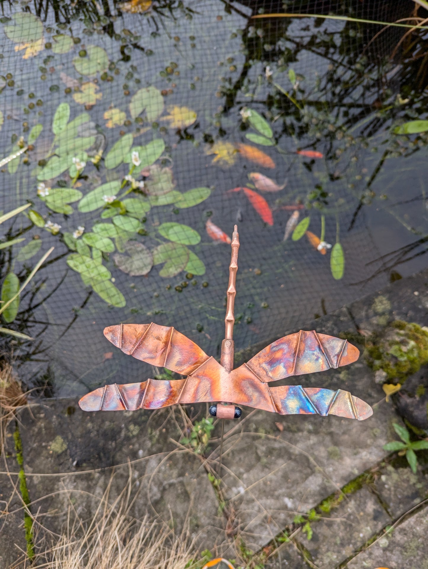 Copper dragonfly garden stake