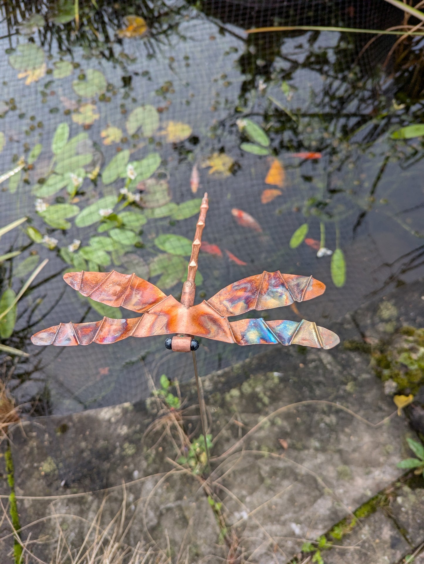 Copper dragonfly garden stake