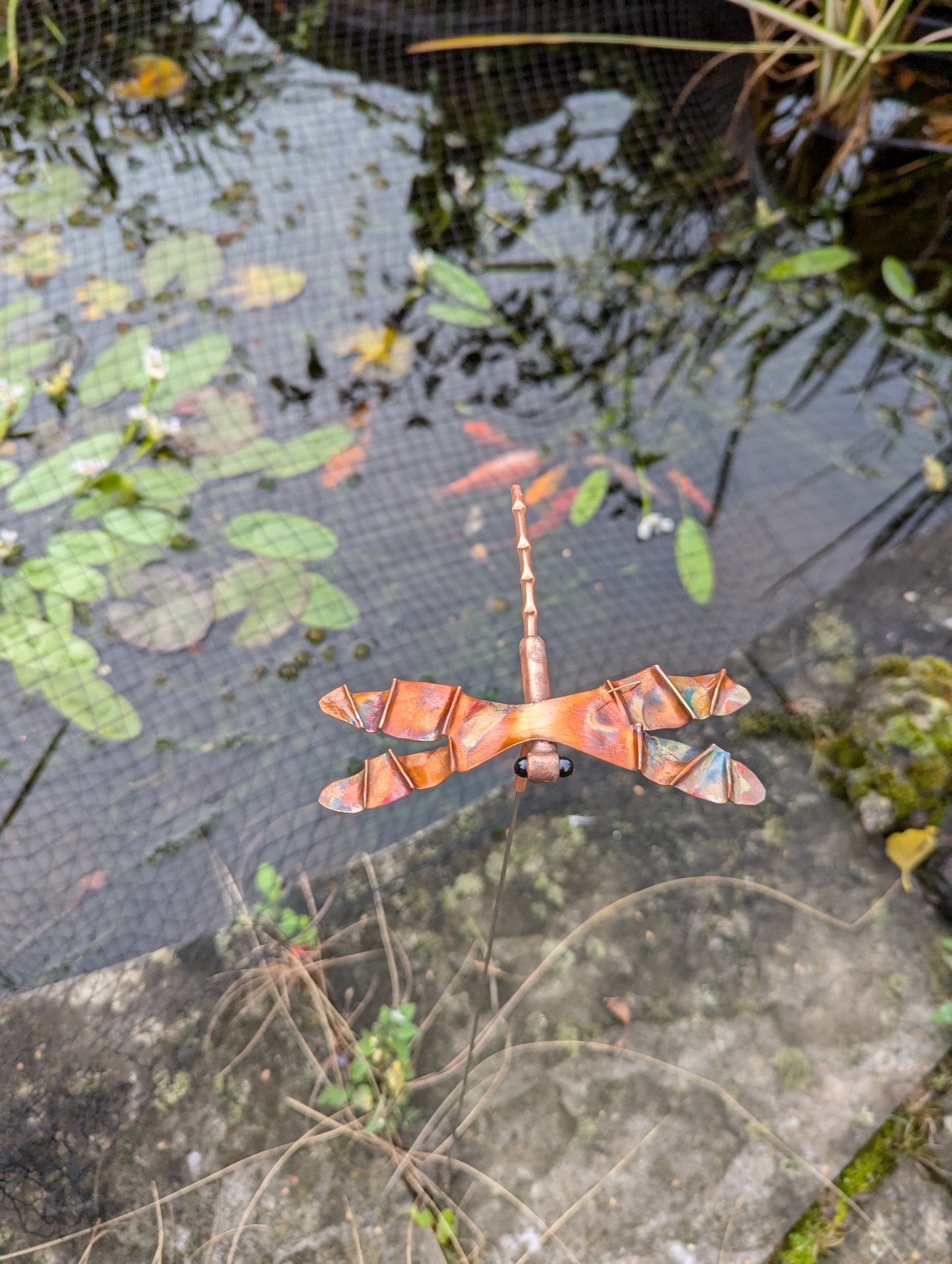 Copper dragonfly garden stake