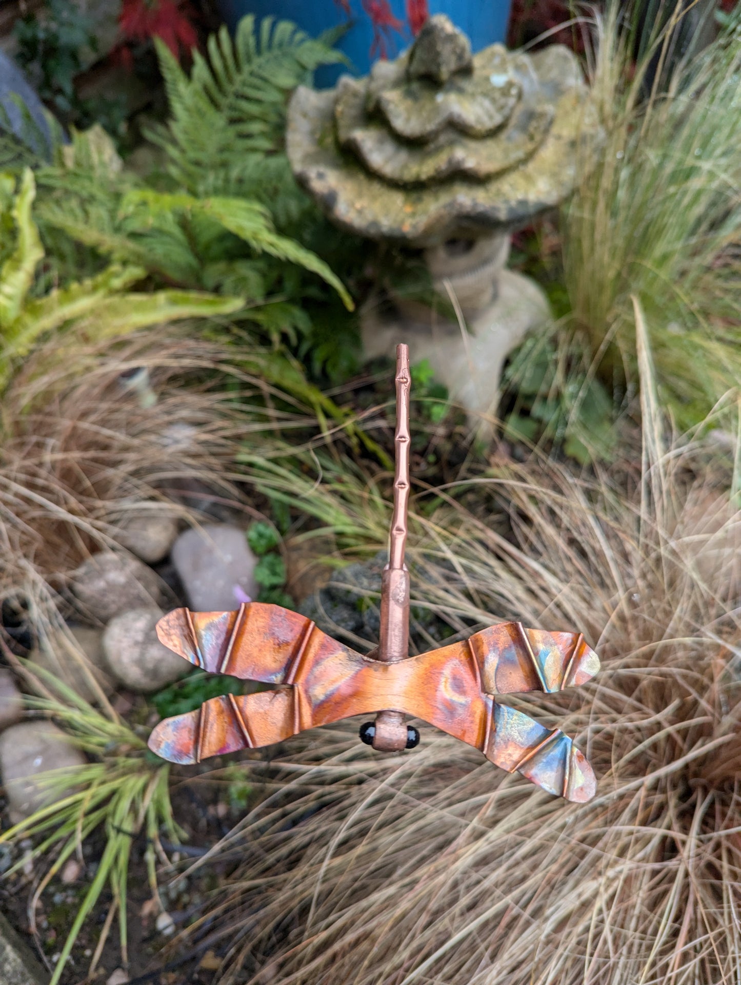 Copper dragonfly garden stake