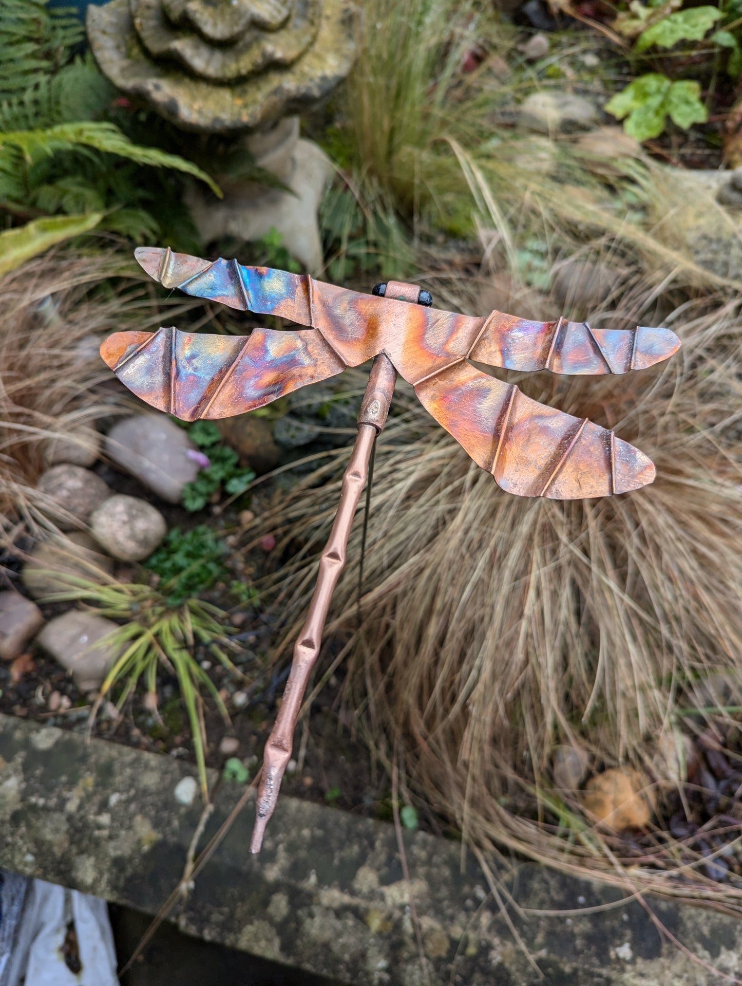 Copper dragonfly garden stake