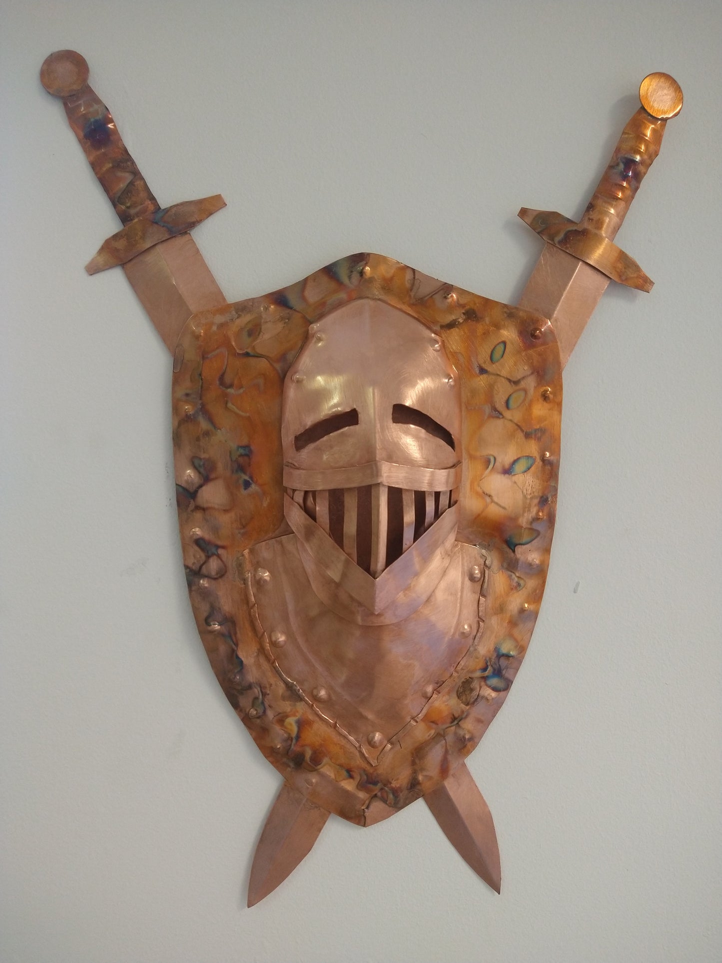 Knight helmet, shield and swords wall hanging - Deshca Designs