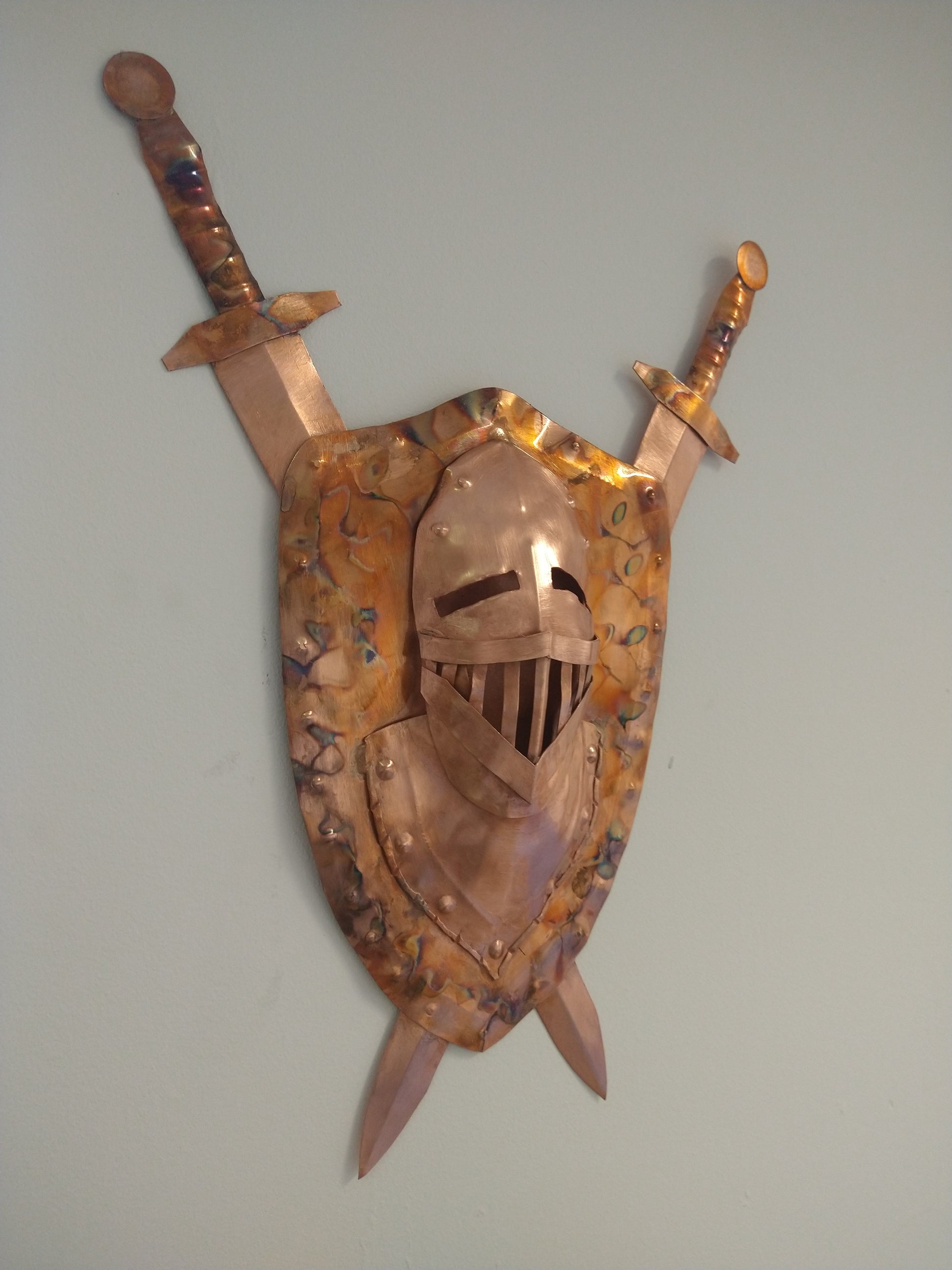 Knight helmet, shield and swords wall hanging - Deshca Designs