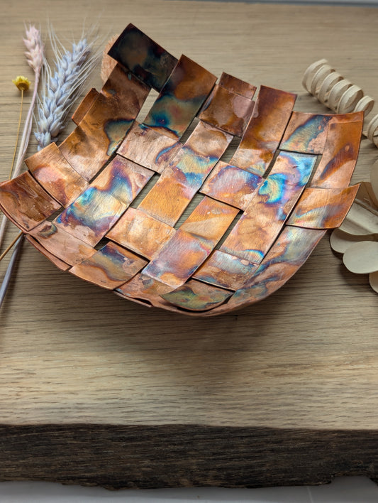 Copper woven dish for trinkets, modern rustic charm