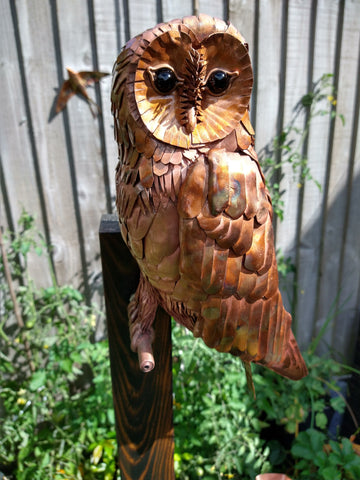 Copper barn owl sculpture