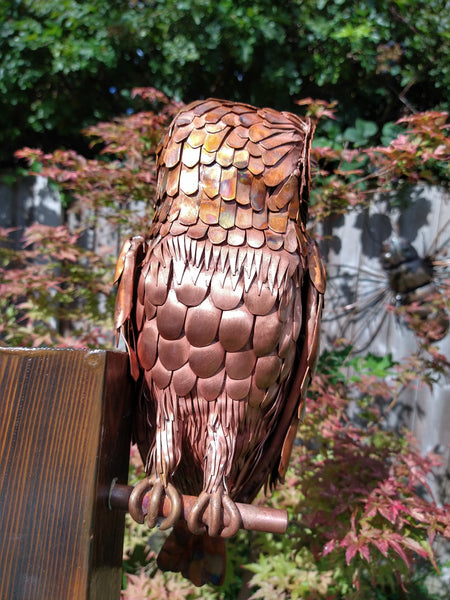 Copper barn owl sculpture