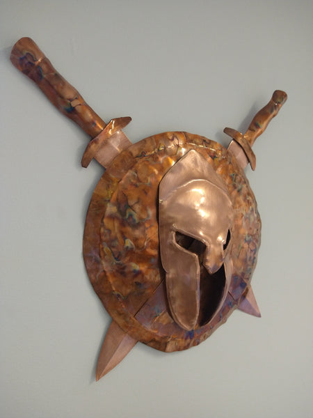 Spartan helmet, shield and swords wall hanging - Deshca Designs