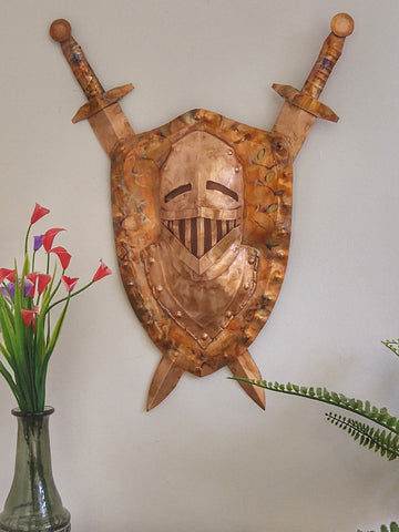 Knight helmet, shield and swords wall hanging - Deshca Designs