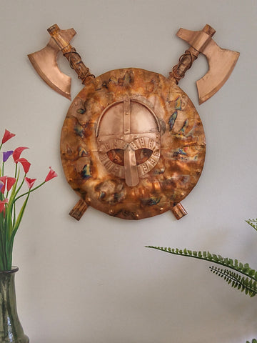 Viking helmet, shield and axes wall hanging - Deshca Designs