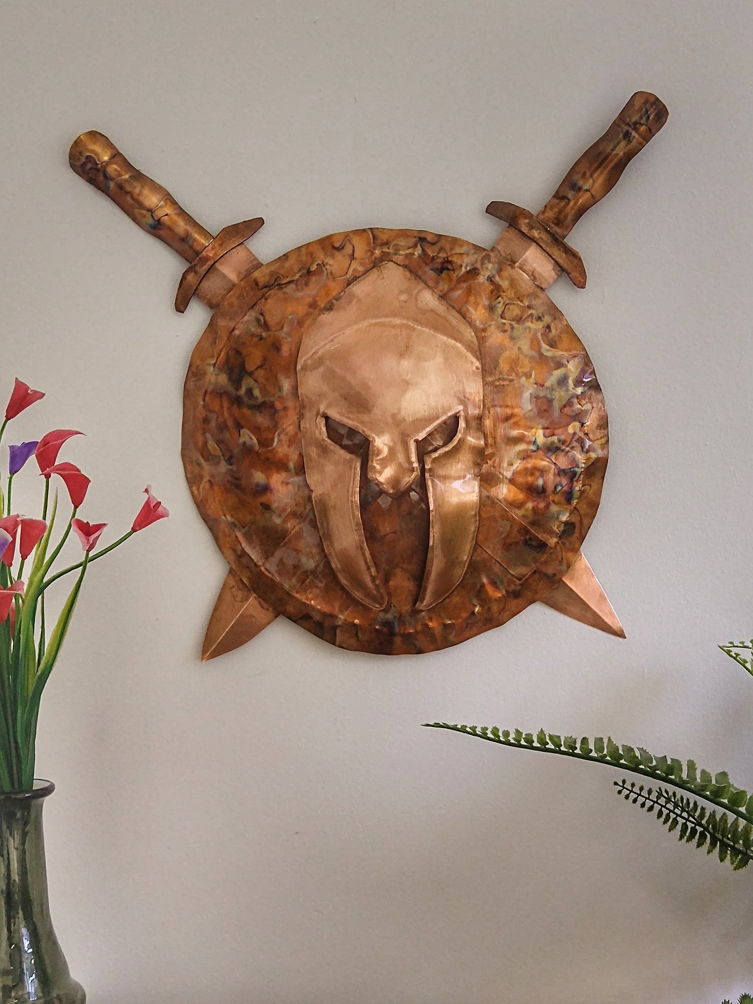 Spartan helmet, shield and swords wall hanging - Deshca Designs